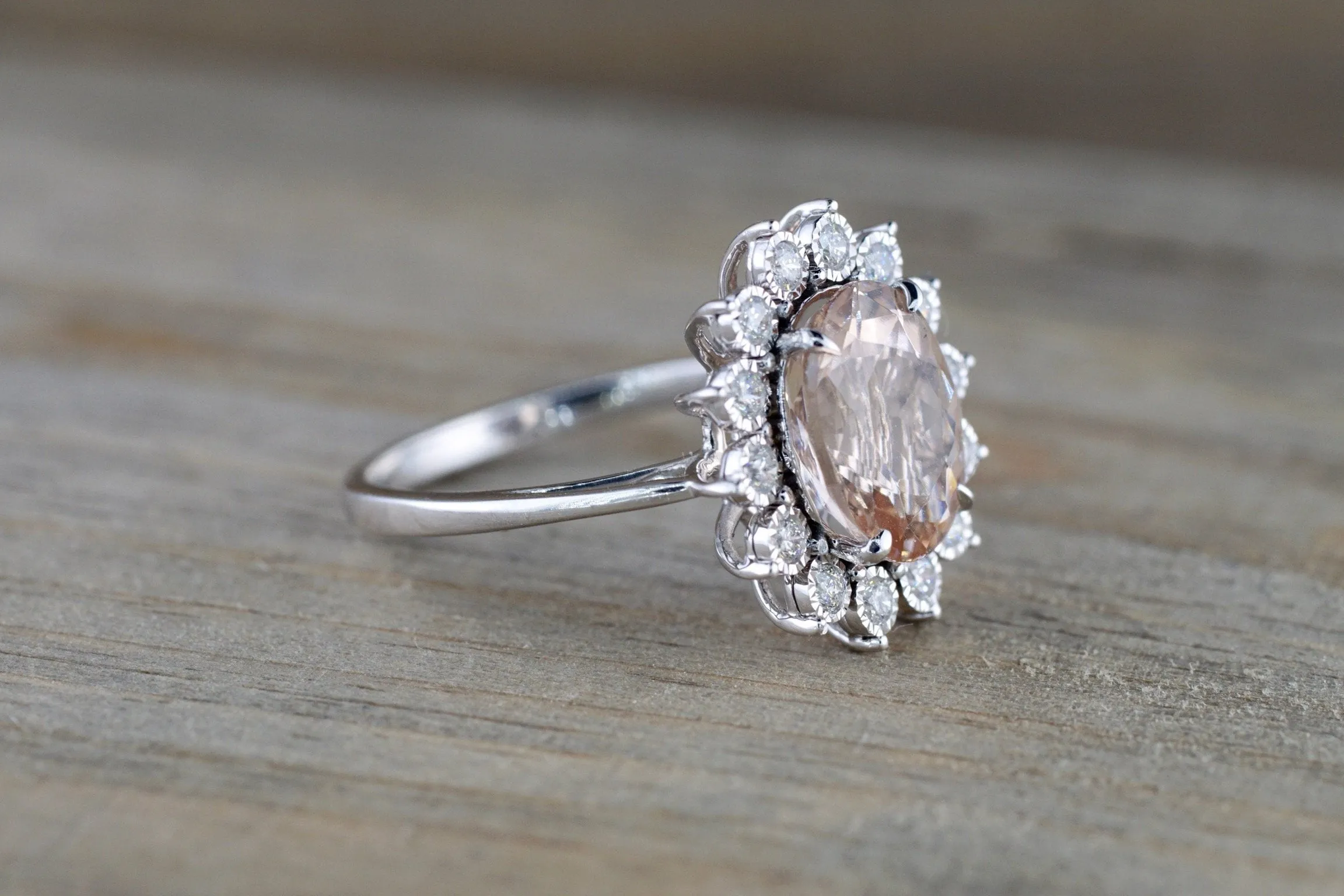 14k White Gold Oval Cut Morganite Diamond Vintage Halo Engagement Ring 10x8