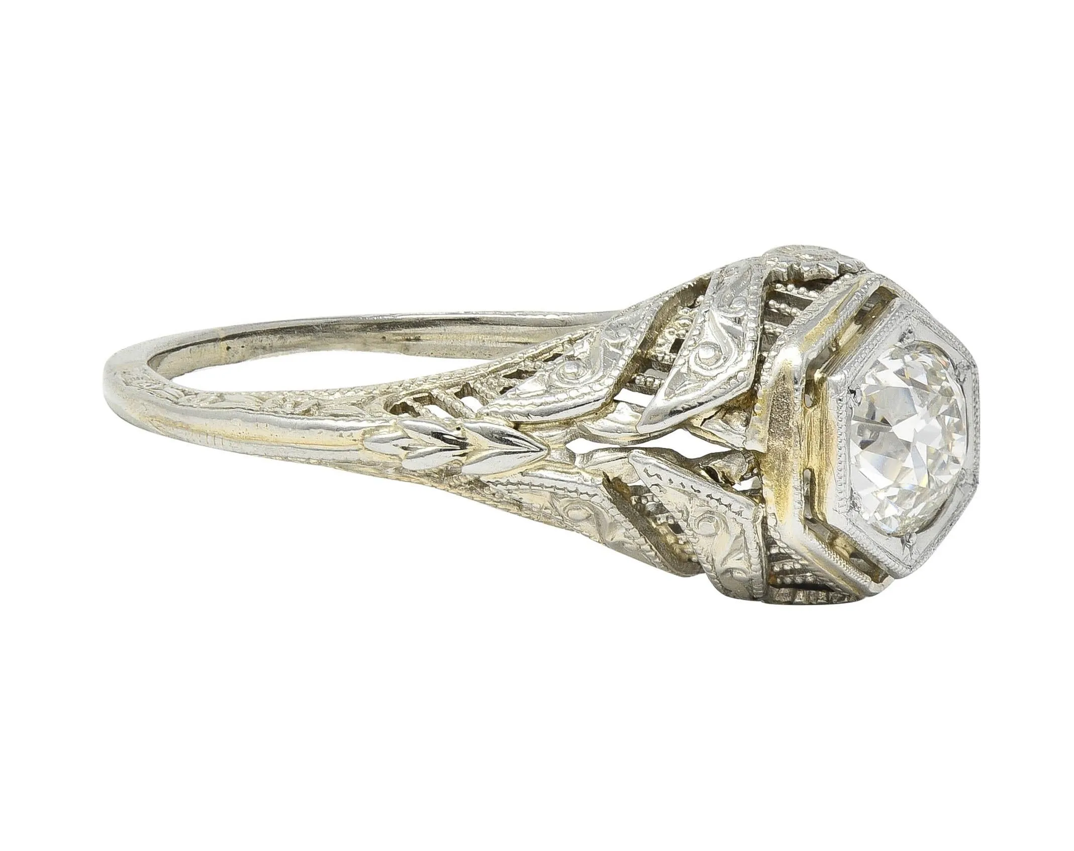 Art Deco 0.62 CTW Old Mine Cut Diamond 18 Karat White Gold Vintage Orange Blossom Engagement Ring