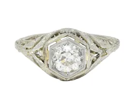 Art Deco 0.62 CTW Old Mine Cut Diamond 18 Karat White Gold Vintage Orange Blossom Engagement Ring