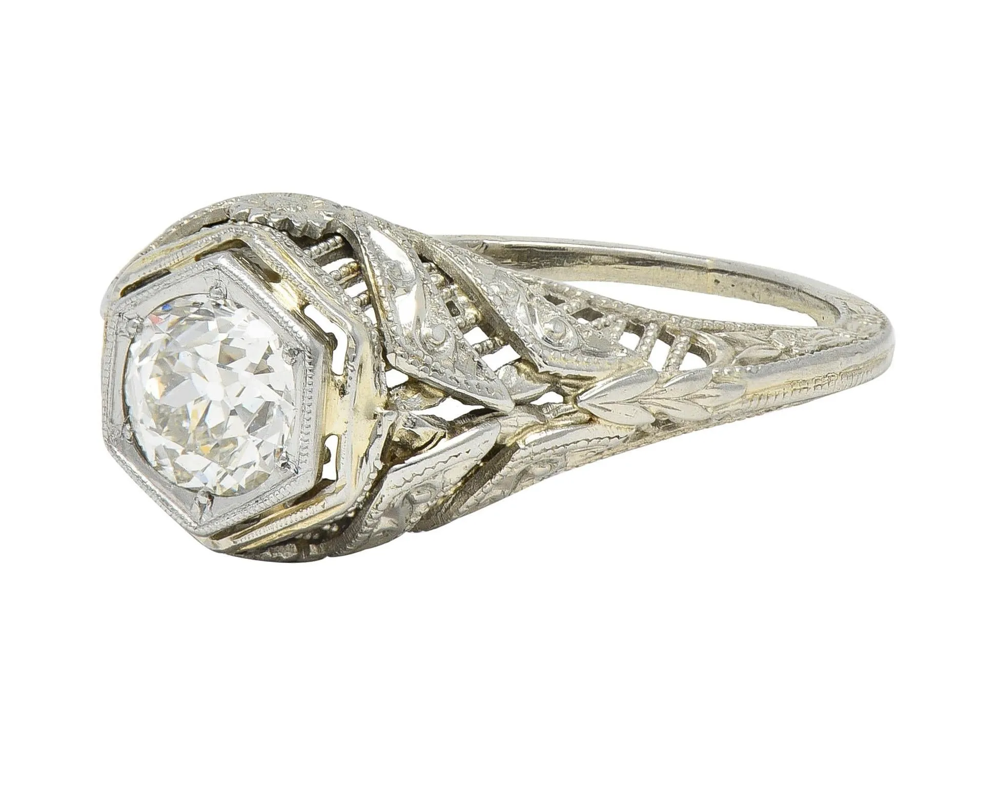 Art Deco 0.62 CTW Old Mine Cut Diamond 18 Karat White Gold Vintage Orange Blossom Engagement Ring