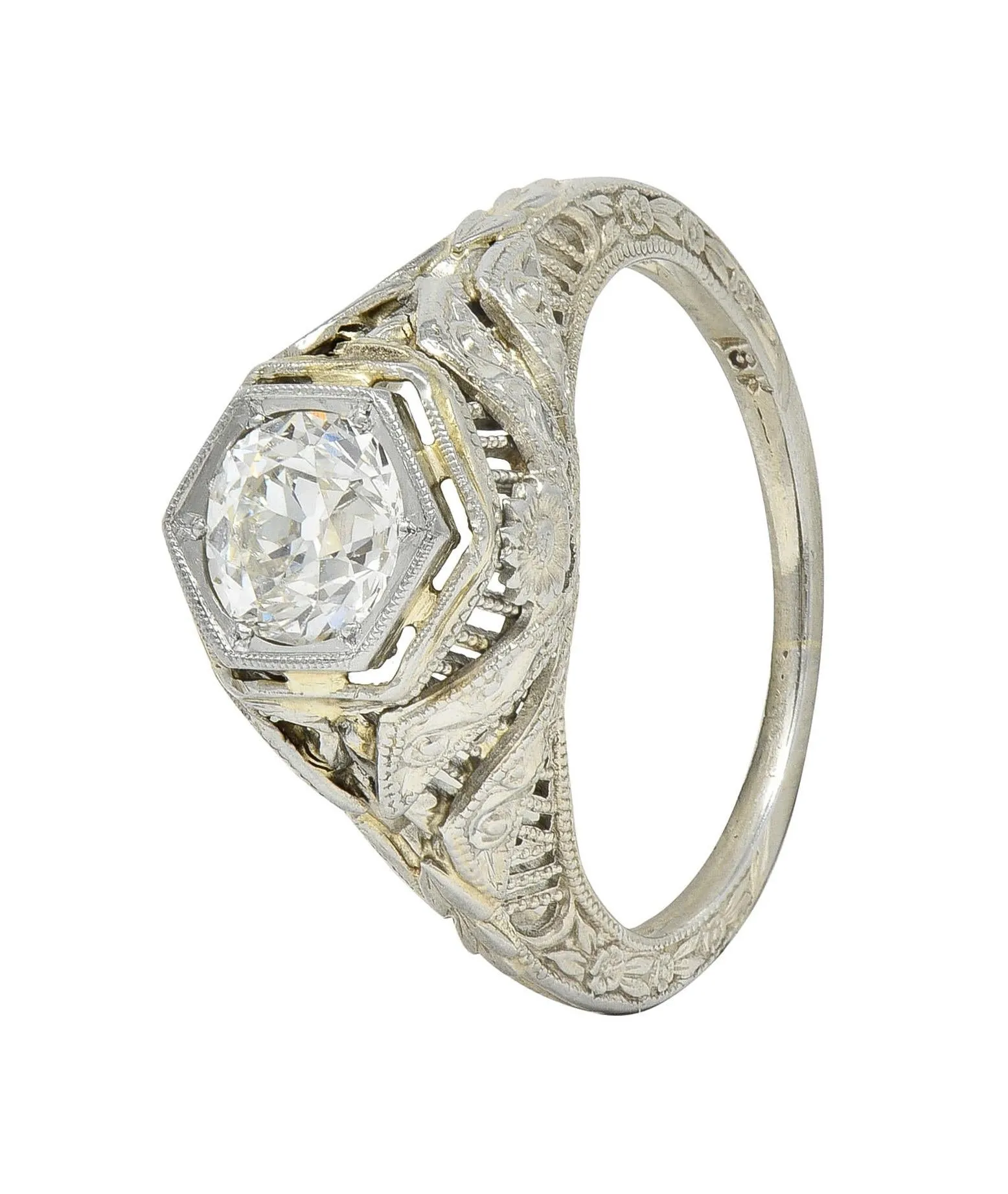 Art Deco 0.62 CTW Old Mine Cut Diamond 18 Karat White Gold Vintage Orange Blossom Engagement Ring