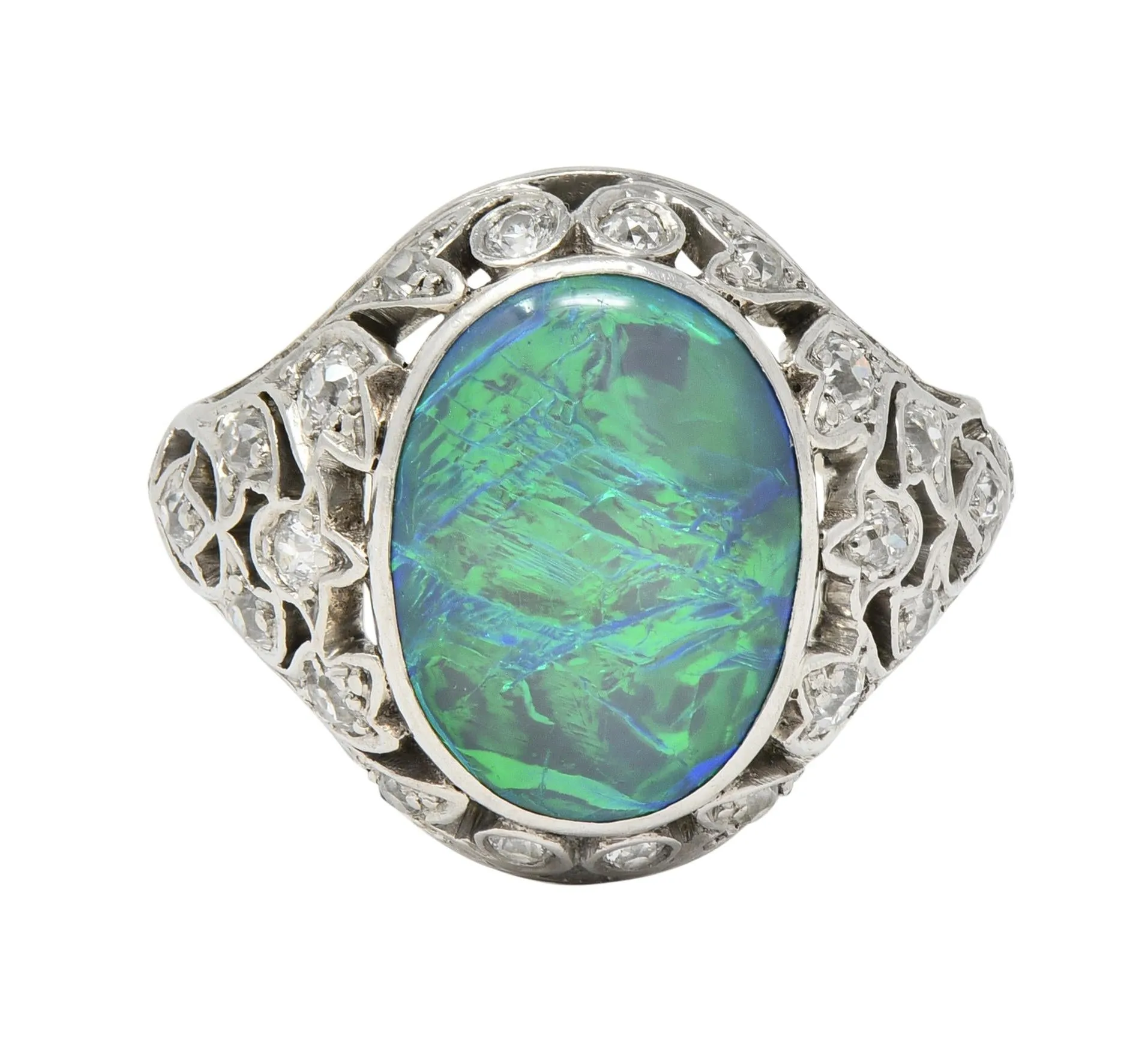 Art Deco Opal Diamond Platinum Ivy Bombé Vintage Gemstone Ring