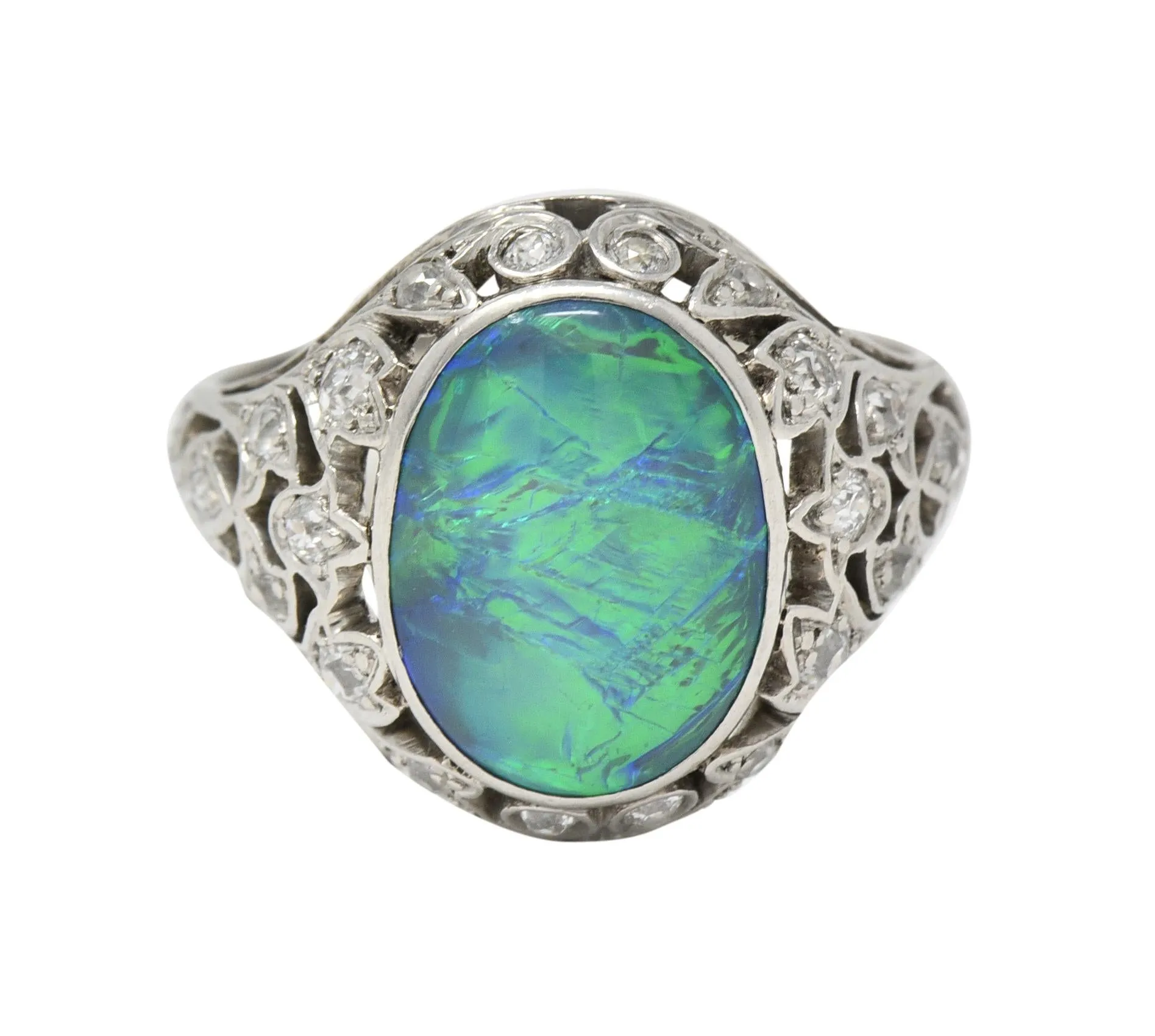 Art Deco Opal Diamond Platinum Ivy Bombé Vintage Gemstone Ring