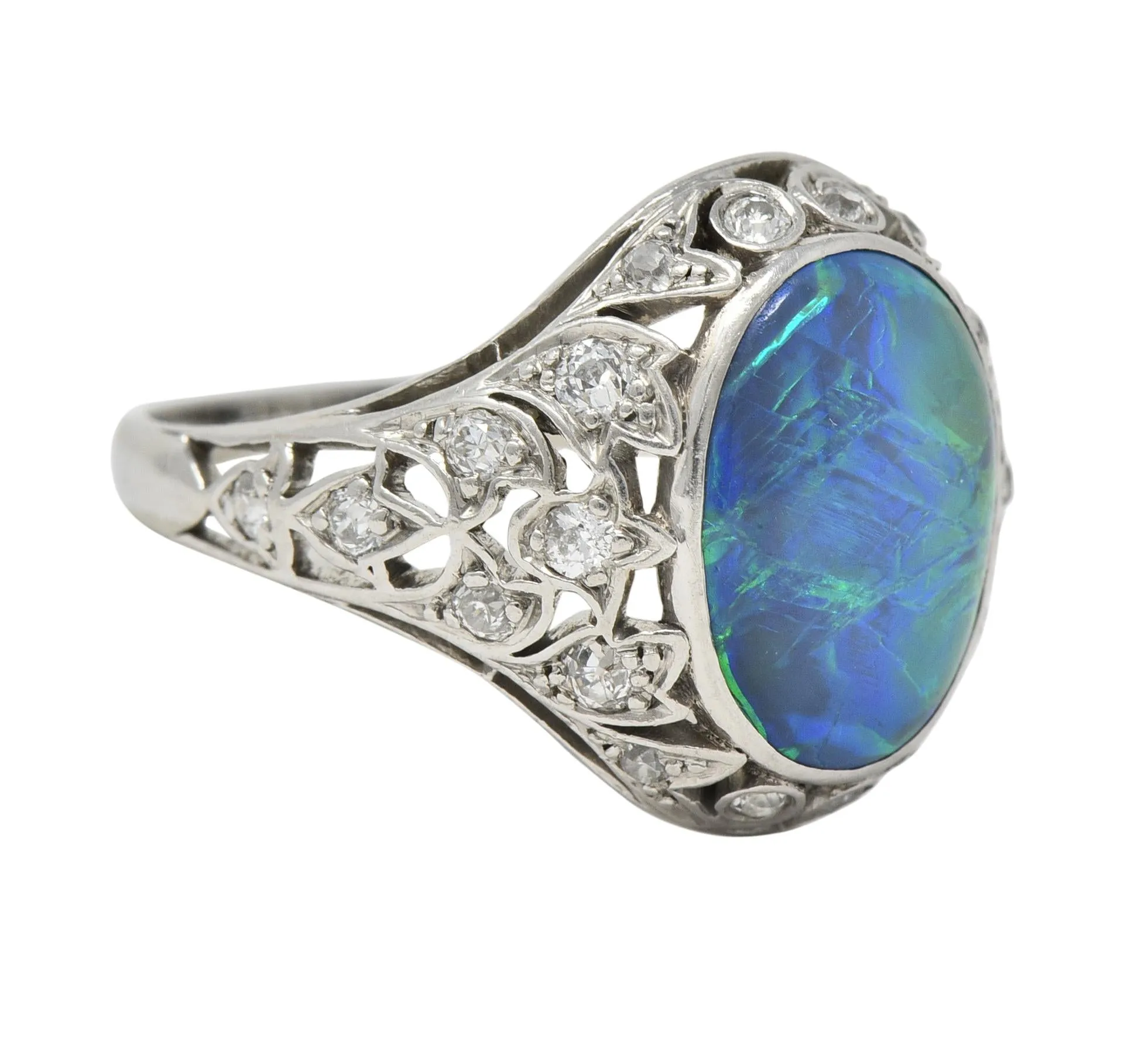 Art Deco Opal Diamond Platinum Ivy Bombé Vintage Gemstone Ring