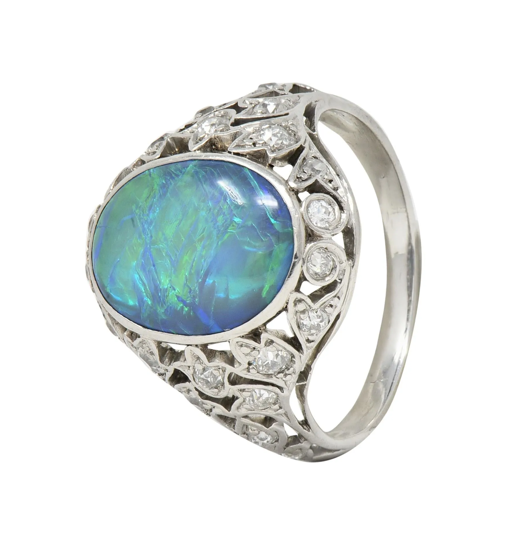 Art Deco Opal Diamond Platinum Ivy Bombé Vintage Gemstone Ring