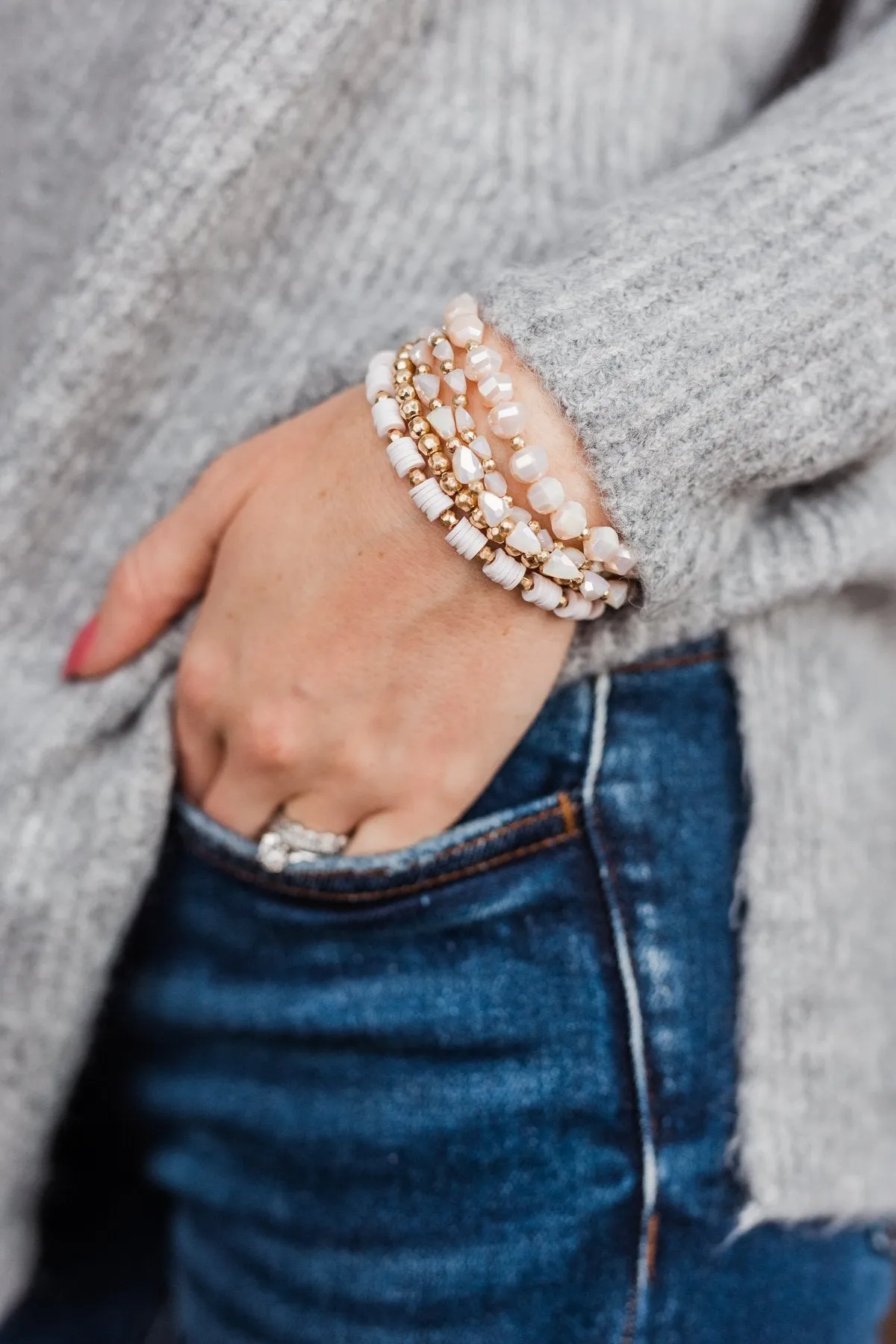 Beaming 5-Piece Stackable Bracelet Set- Blush & Gold