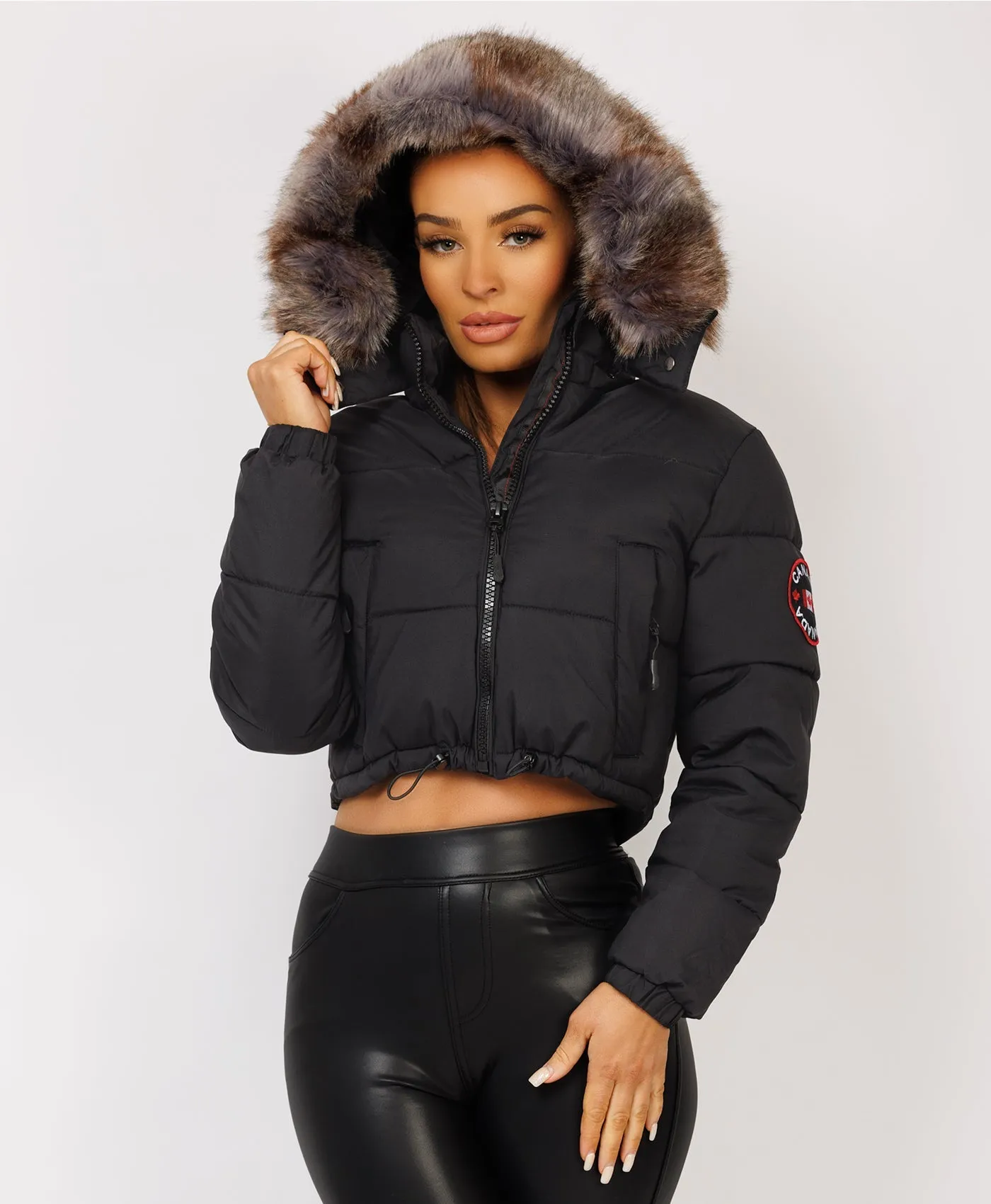 Black Canada Cropped Puffer Jacket With Fur Hood