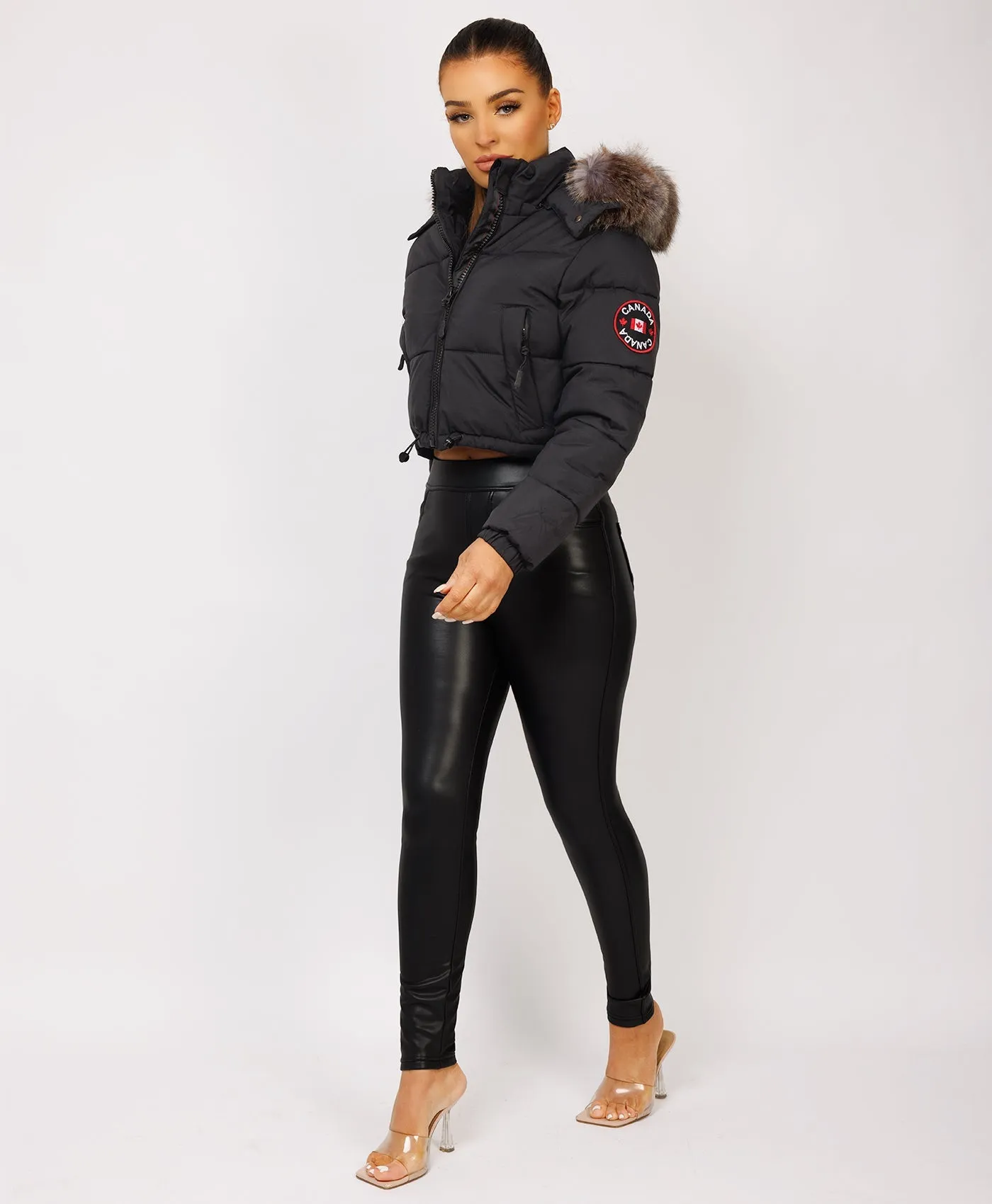 Black Canada Cropped Puffer Jacket With Fur Hood