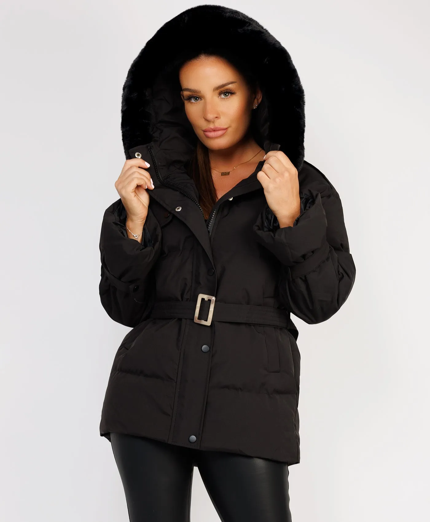 Black Padded Faux Fur Hood Ivory Waist Belted Jacket