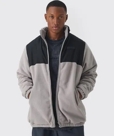 boohooMAN Mens Man Tab Colour Block Fleece Jacket In Grey