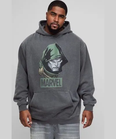 boohooMAN Mens Plus Oversized Wash Marvel Dr Doom License Print Hoodie