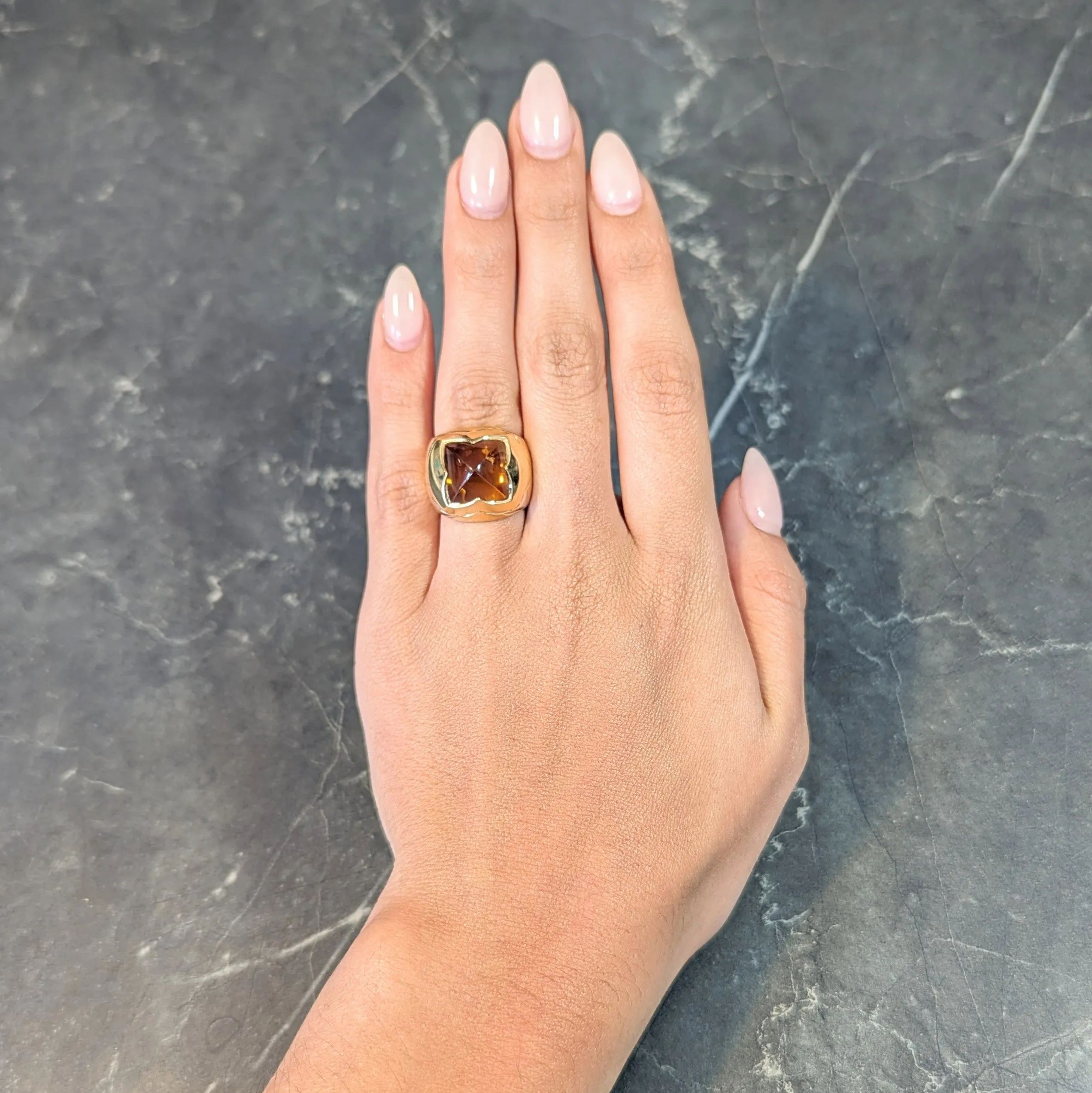 Bulgari Citrine 18 Karat Two-Tone Gold Pyramid Quatrefoil Dome Ring