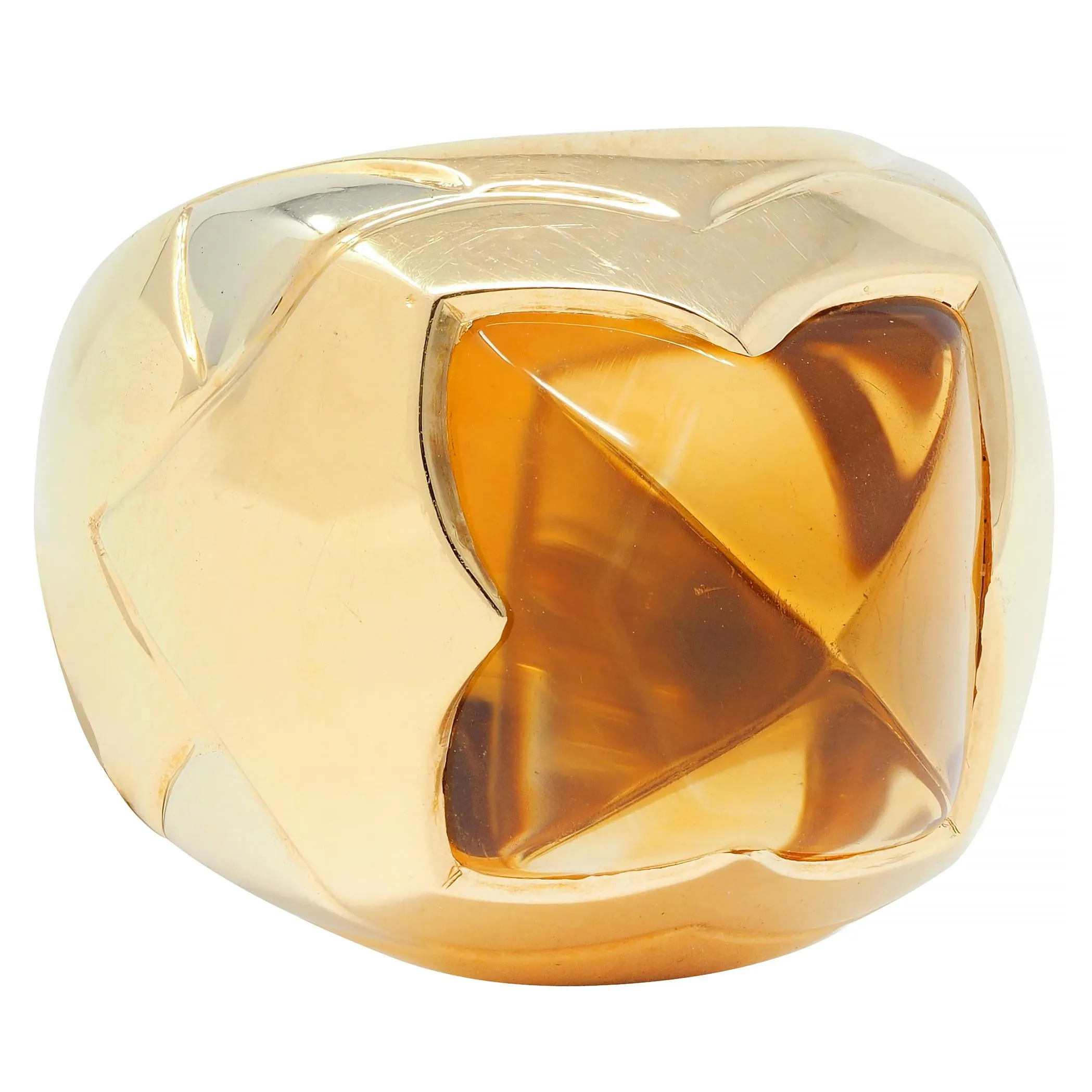 Bulgari Citrine 18 Karat Two-Tone Gold Pyramid Quatrefoil Dome Ring