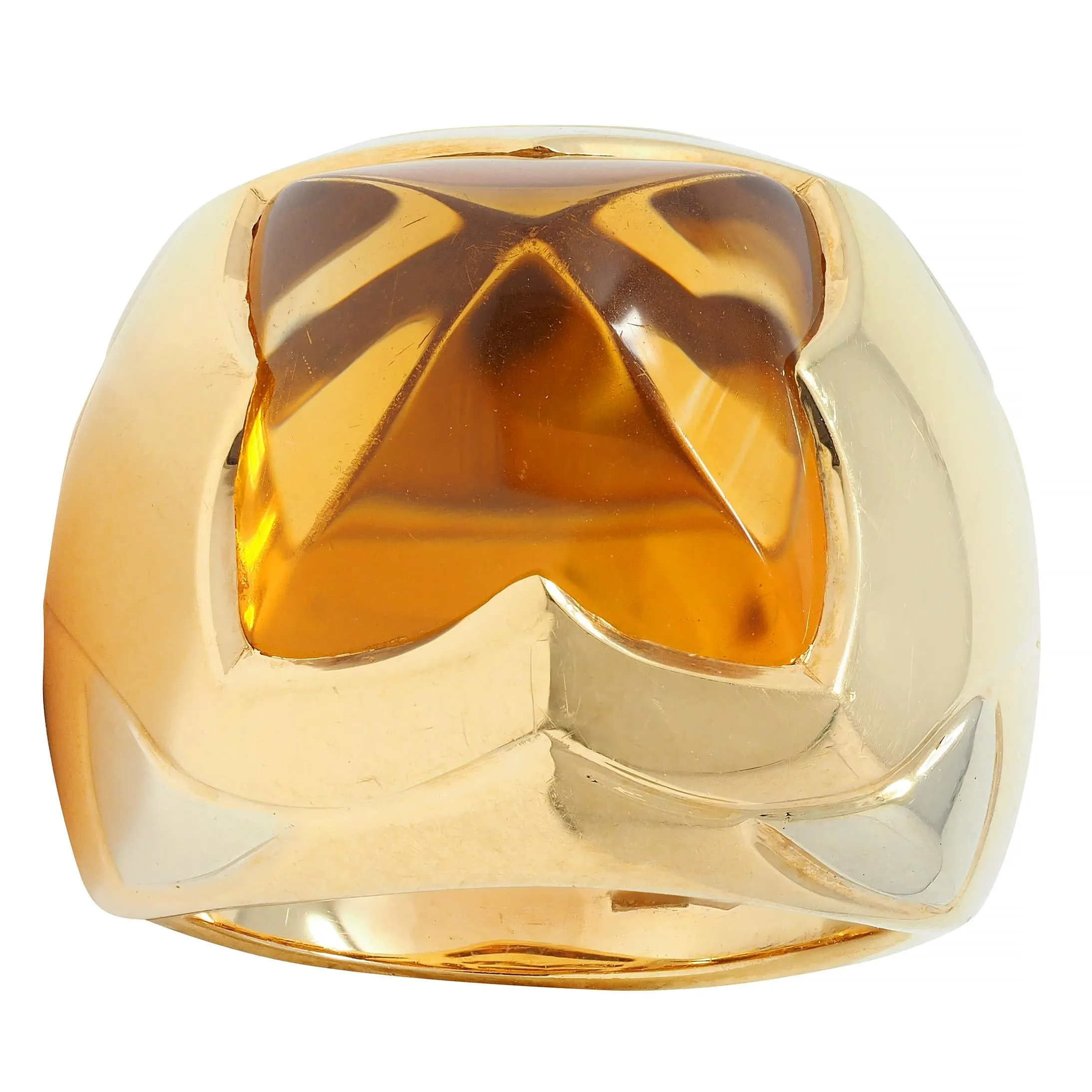 Bulgari Citrine 18 Karat Two-Tone Gold Pyramid Quatrefoil Dome Ring