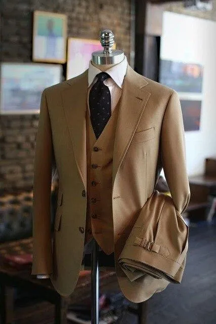 Business Style Khaki Three Piece Suit