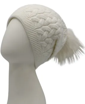 Cable Knit Slouch Hat w/ Fur Pom