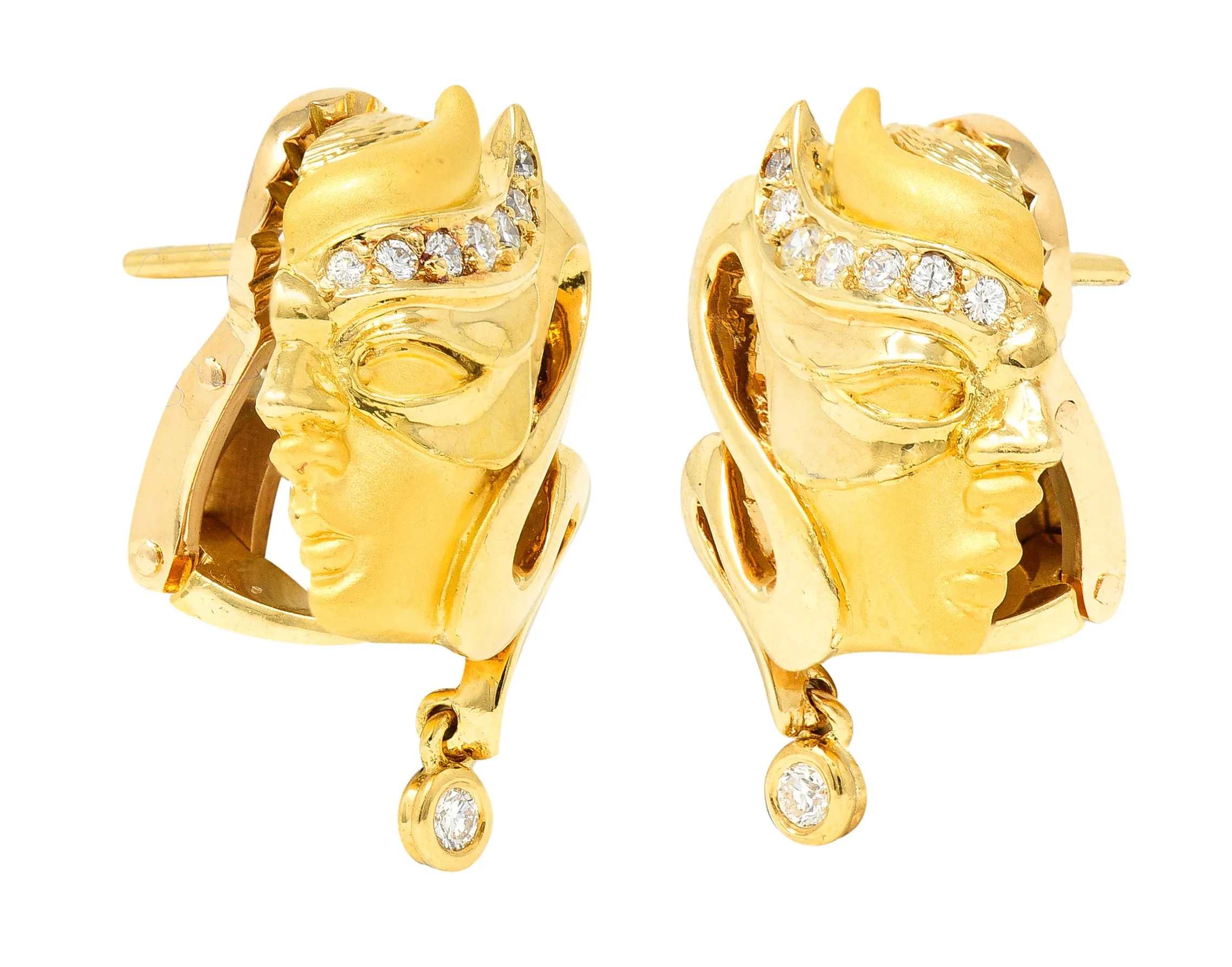 Carrera y Carrera Diamond 18 Karat Yellow Gold Masquerade Mask Vintage Stud Earrings