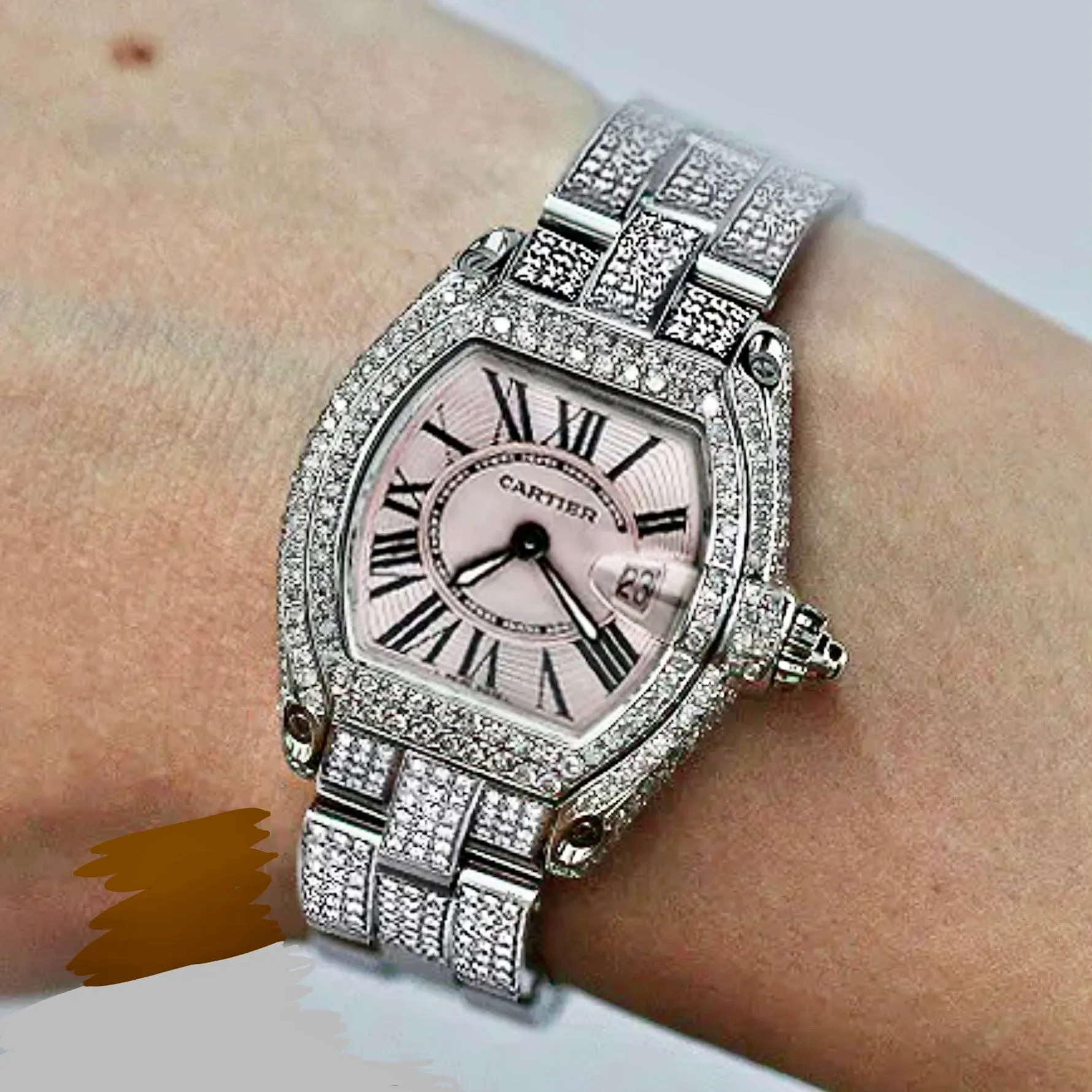 CARTIER ROADSTER Quartz 31mm Steel ~7TCW Diamond Watch