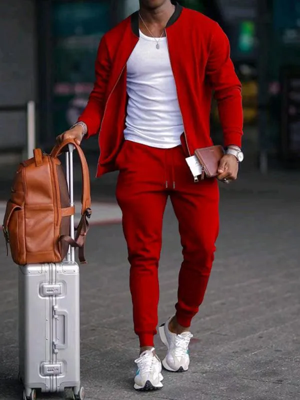 Casual Solid Baseball Collar Men Tracksuit