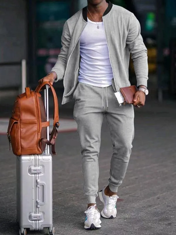 Casual Solid Baseball Collar Men Tracksuit