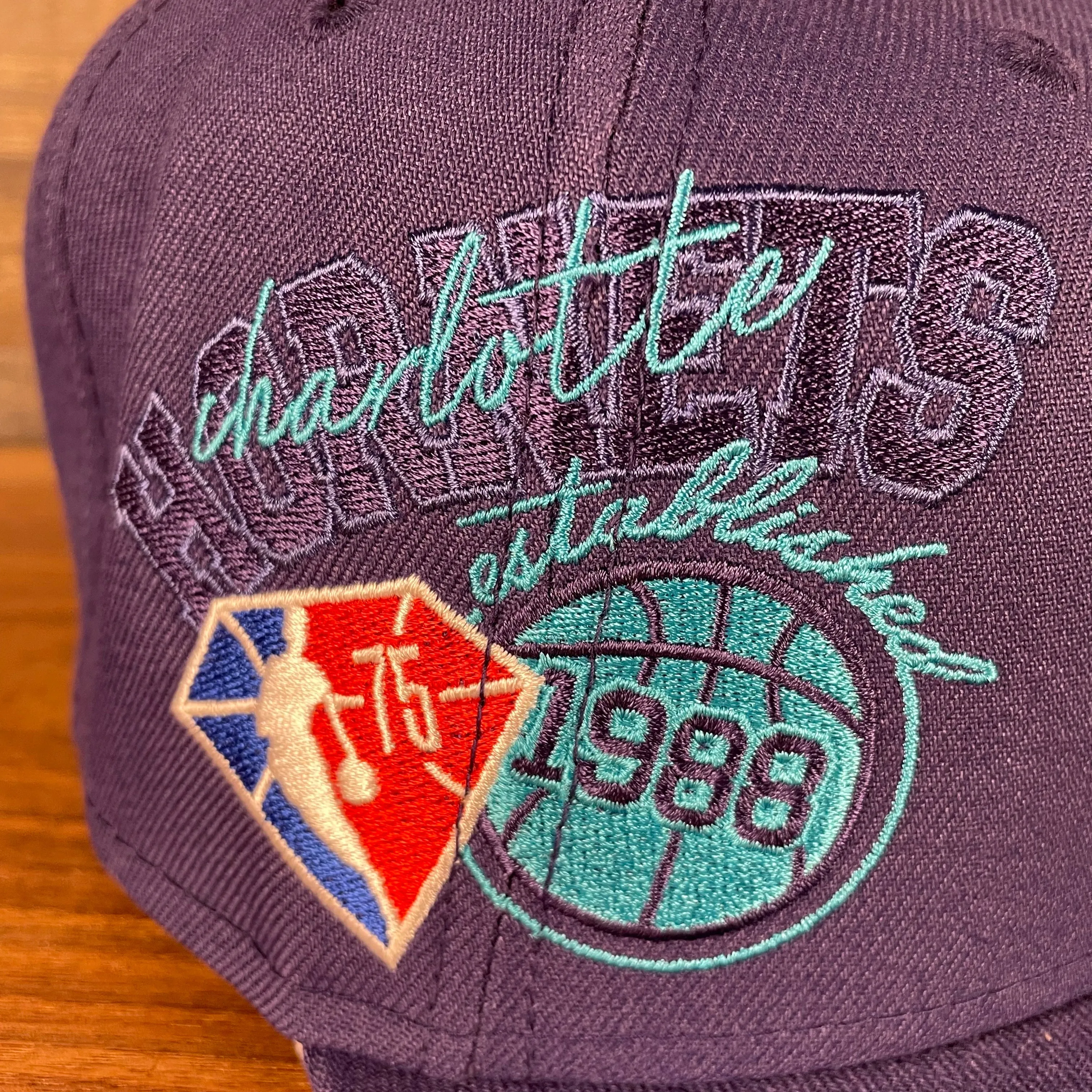 Charlotte Hornets NBA 75th Anniversary Side Patch Gray Bottom Purple 9Fifty Snapback Hat | Back Half