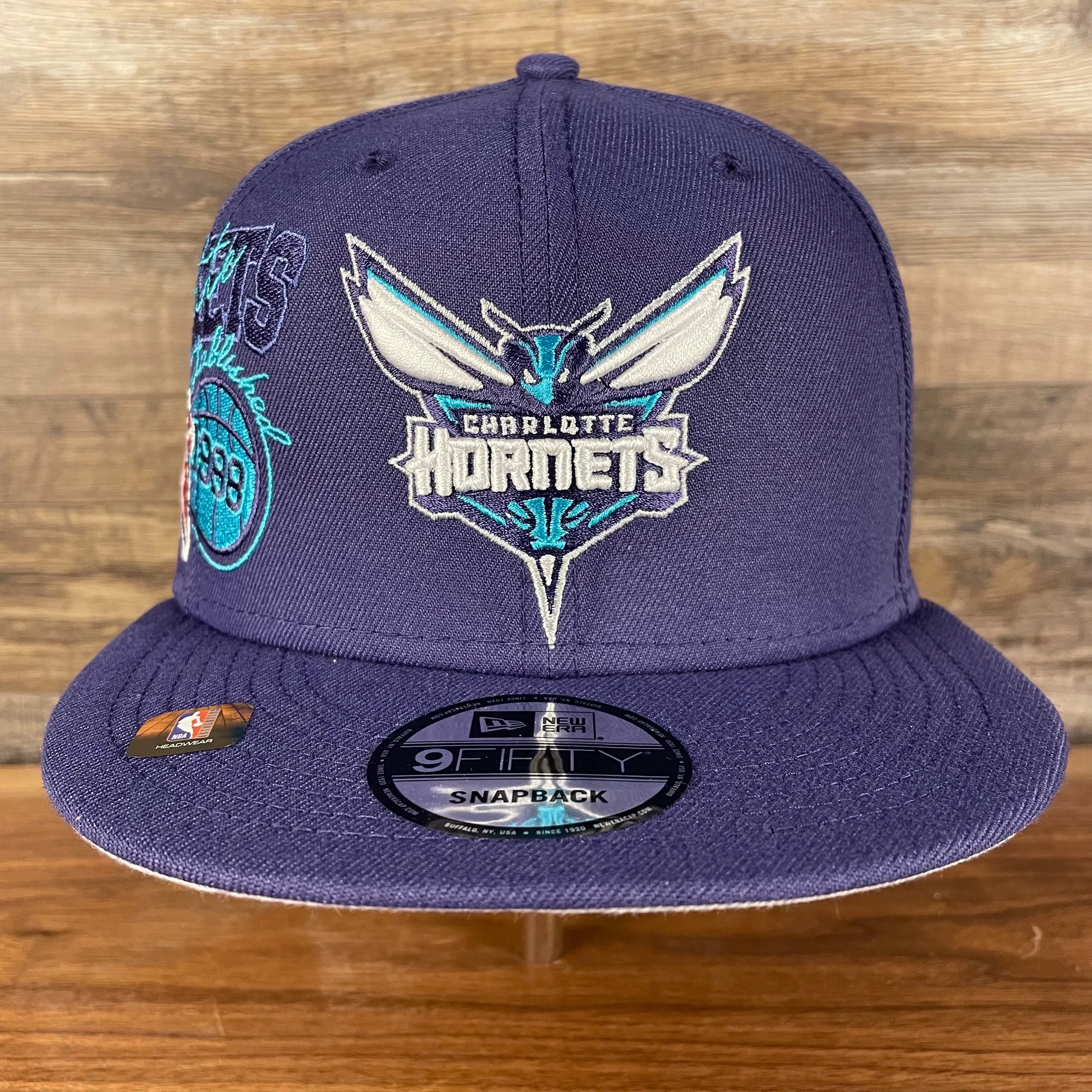 Charlotte Hornets NBA 75th Anniversary Side Patch Gray Bottom Purple 9Fifty Snapback Hat | Back Half