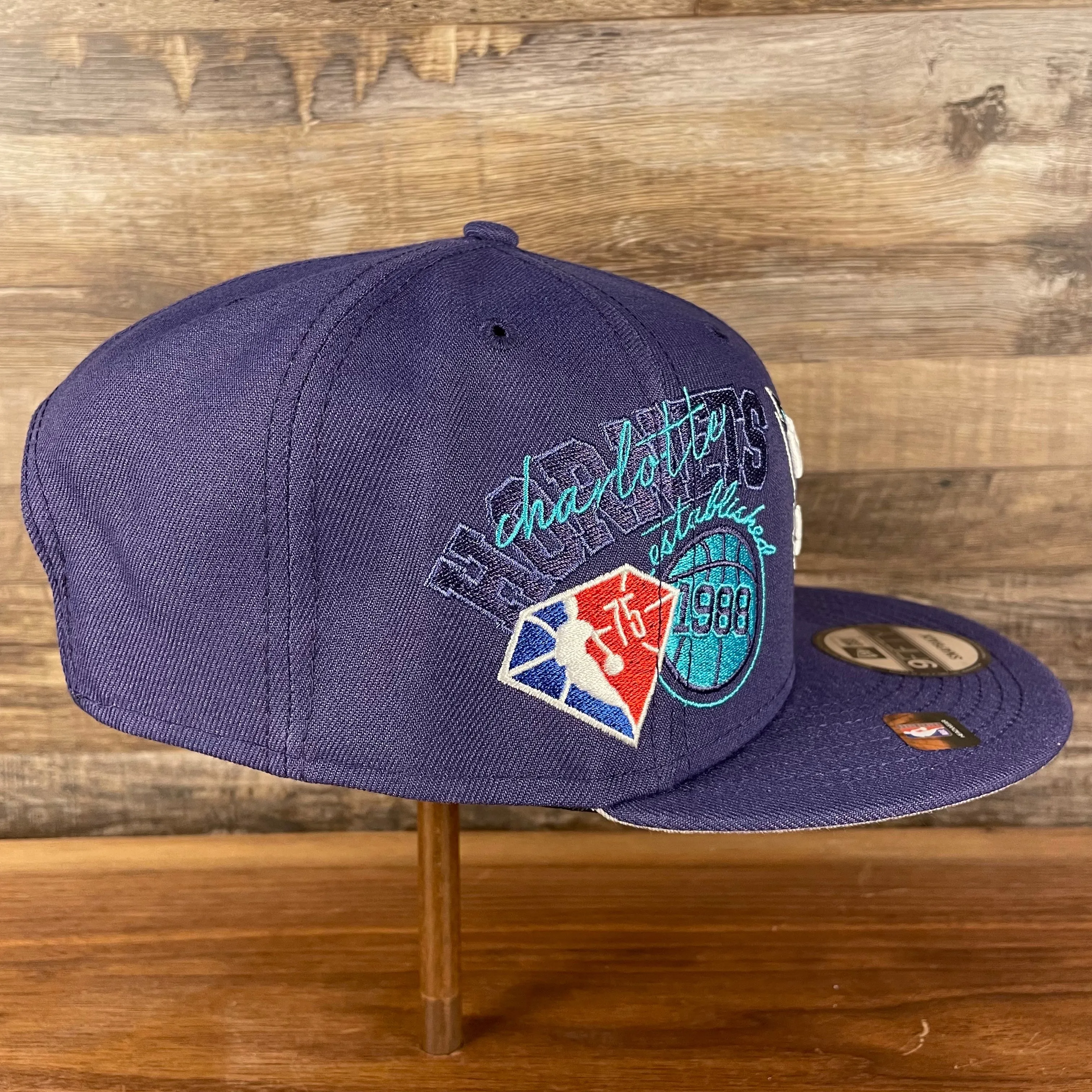 Charlotte Hornets NBA 75th Anniversary Side Patch Gray Bottom Purple 9Fifty Snapback Hat | Back Half