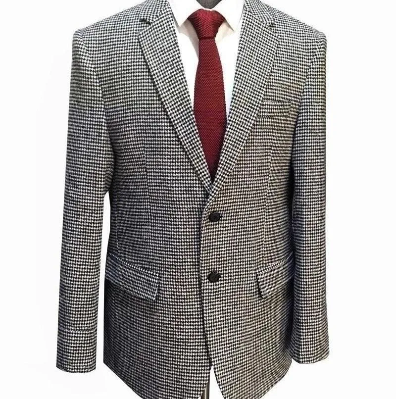 Custom Made Woollen Houndstooth Casual Wedding Suit Blazer & Black Pants with Vest