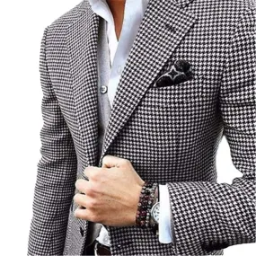 Custom Made Woollen Houndstooth Casual Wedding Suit Blazer & Black Pants with Vest