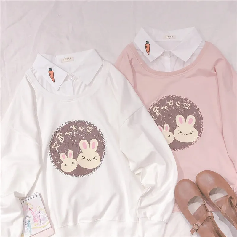 CUTE BUNNY BESTIE FAKE TWO-PIECES SWEATSHIRT BY30706