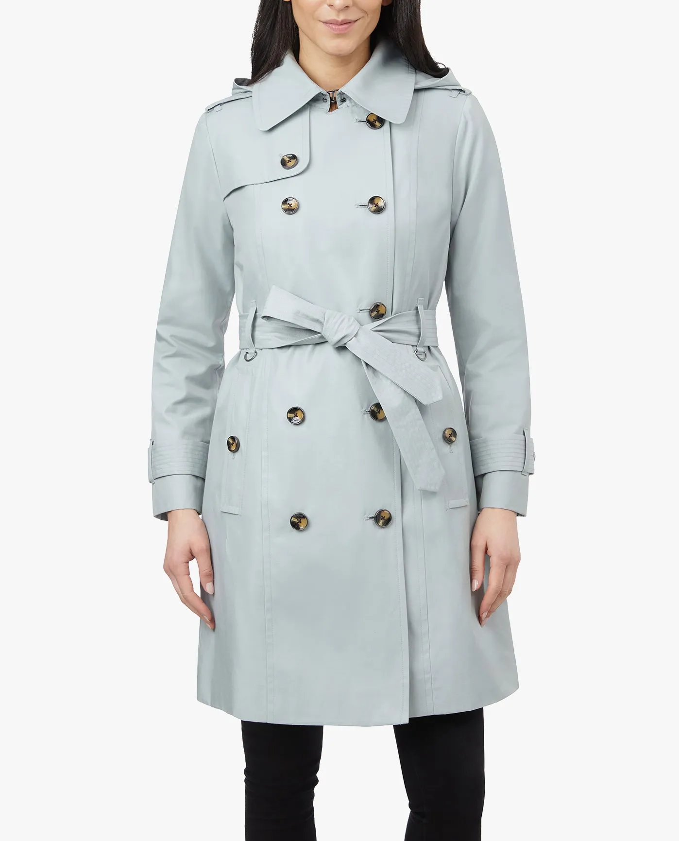 DOUBLE BREASTED HOODED TRENCH COAT WITH WAIST BELT