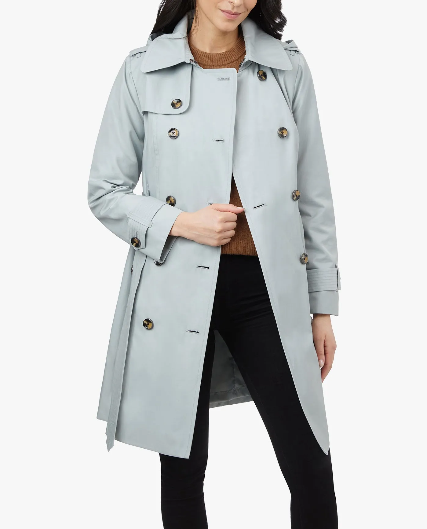 DOUBLE BREASTED HOODED TRENCH COAT WITH WAIST BELT