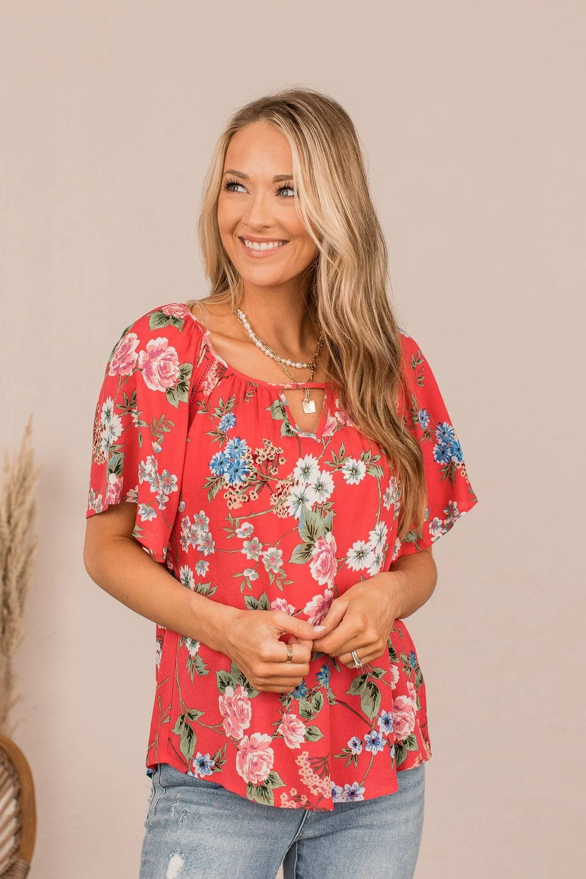 Energy Abounds Flutter Sleeve Top- Hot Coral