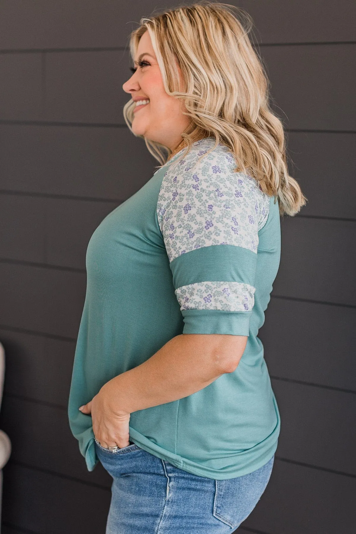 Feeling Spontaneous Floral Sleeve Top- Dark Mint