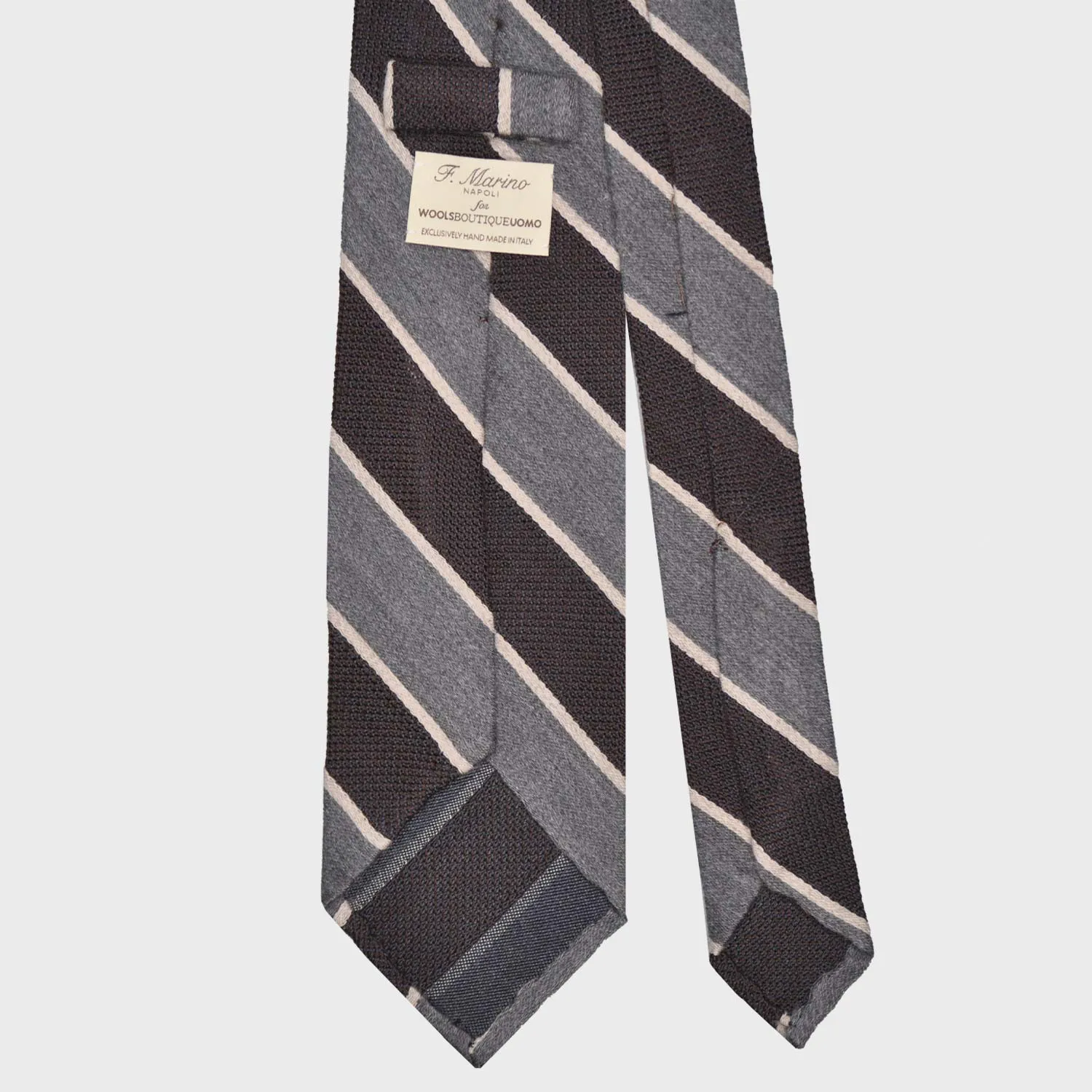 F.Marino Silk Wool Regimental Tie 3 Folds Brown Grey