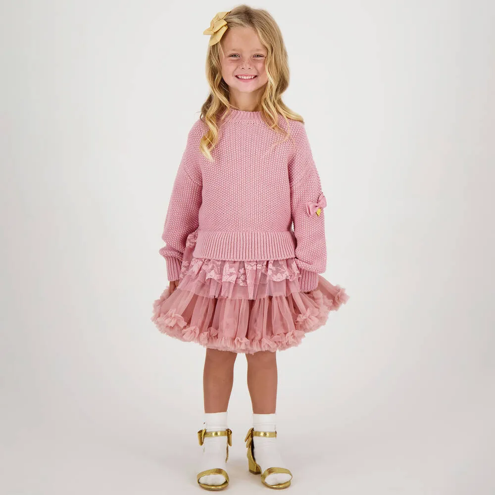 Girls Pink Tulle Trim Sweater