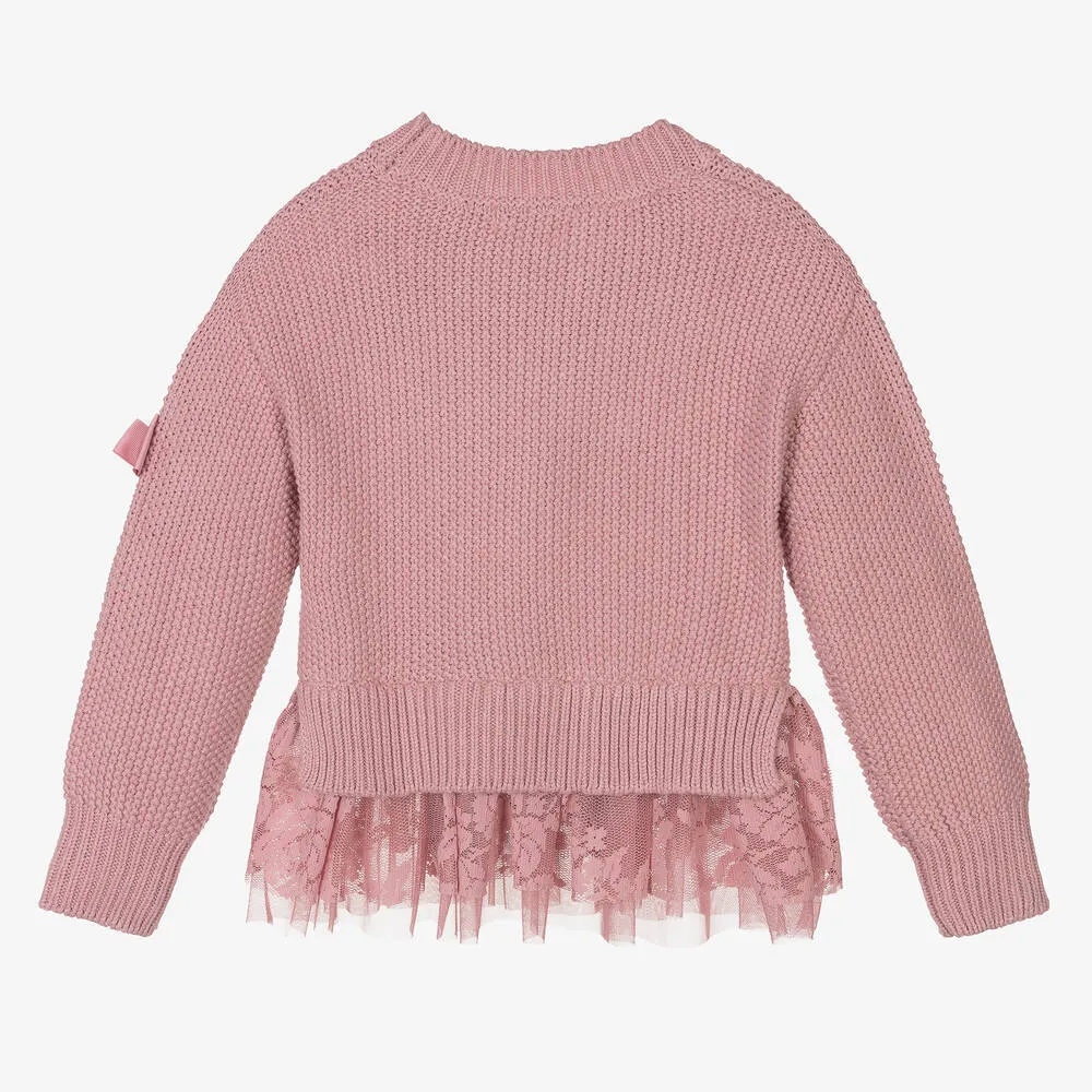 Girls Pink Tulle Trim Sweater