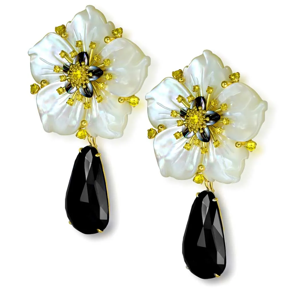 Gold Blossom Convertible Earrings with Carved Mother Of Pearl & Spinel