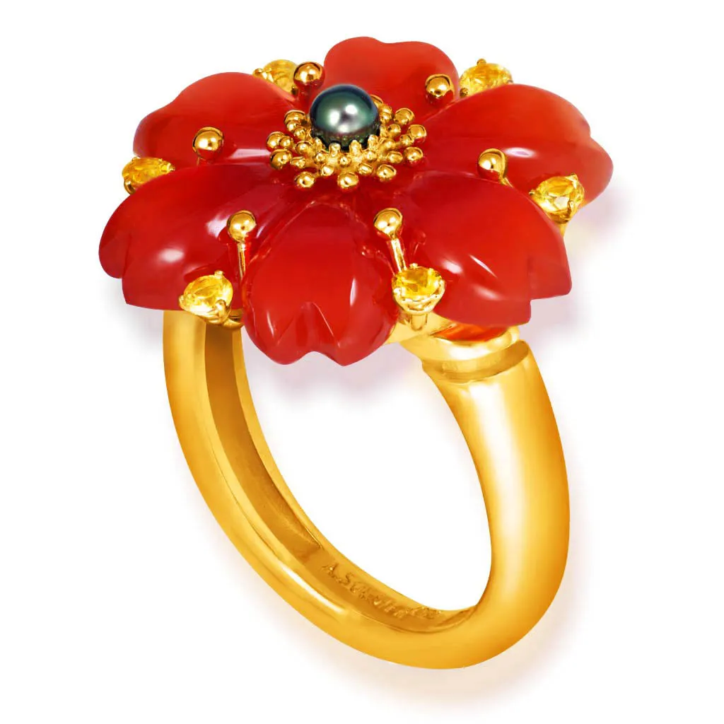 Gold Blossom Ring with Carnelian & Sapphire