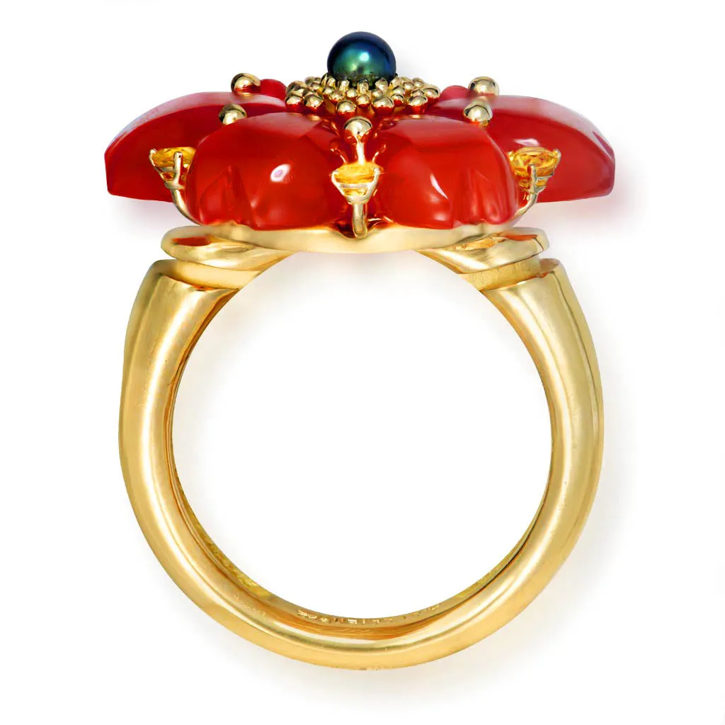 Gold Blossom Ring with Carnelian & Sapphire