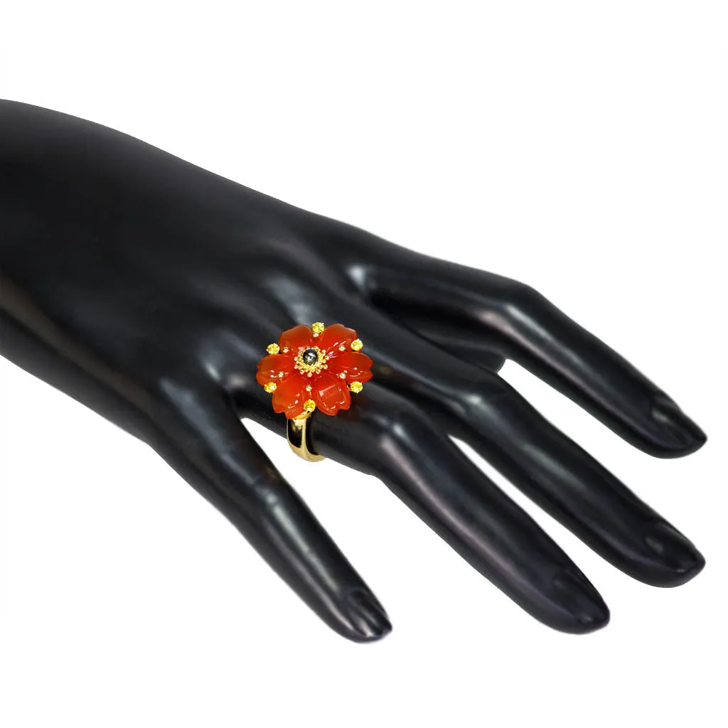 Gold Blossom Ring with Carnelian & Sapphire