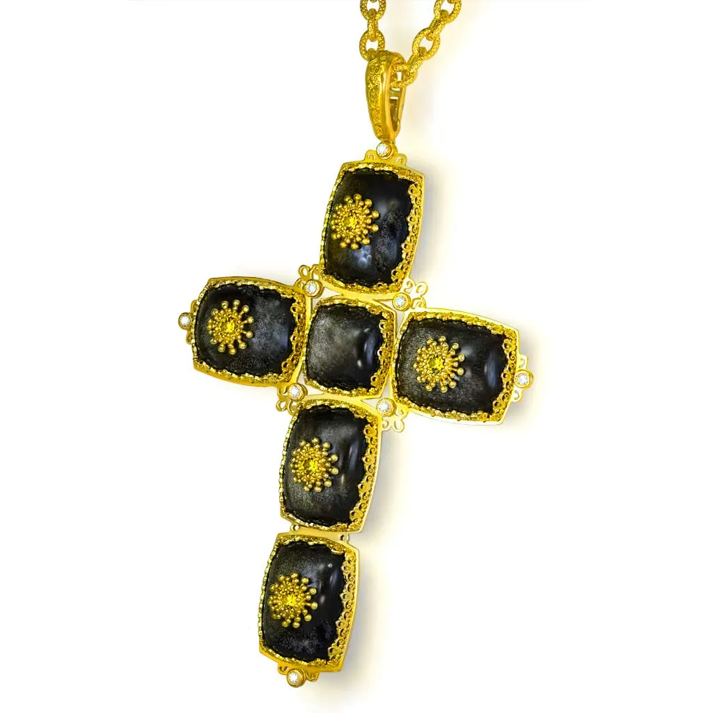 Gold Grand Cross Pendant Necklace with Obsidian