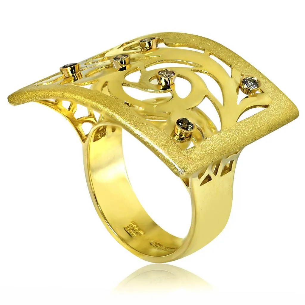 Gold Ornament Contrast Texture Ring with Diamonds