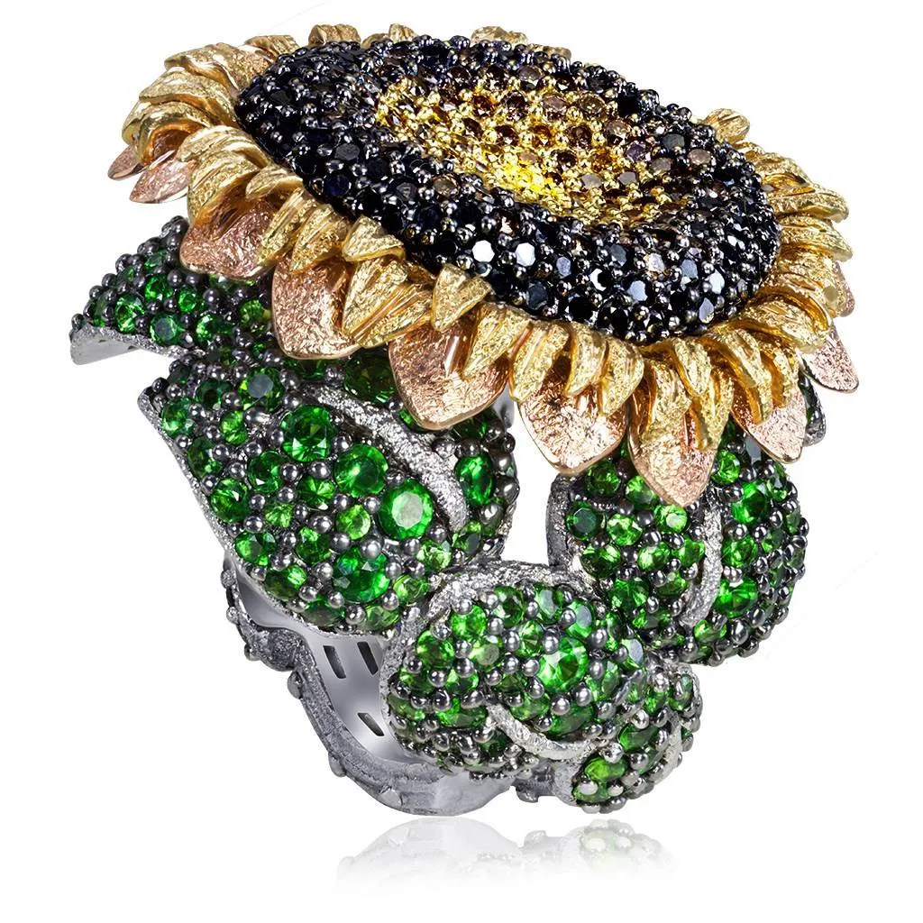 Gold Sunflower Ring with Color Diamonds