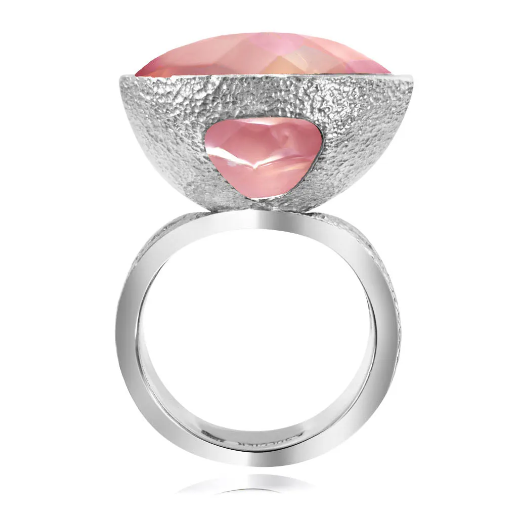 Gold Swan Ring with Rose Quartz & Diamonds