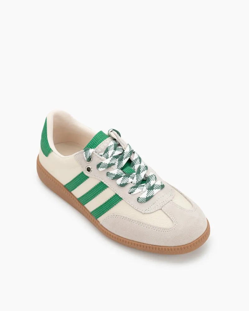 Green and White Suede Leather Flat Sneakers