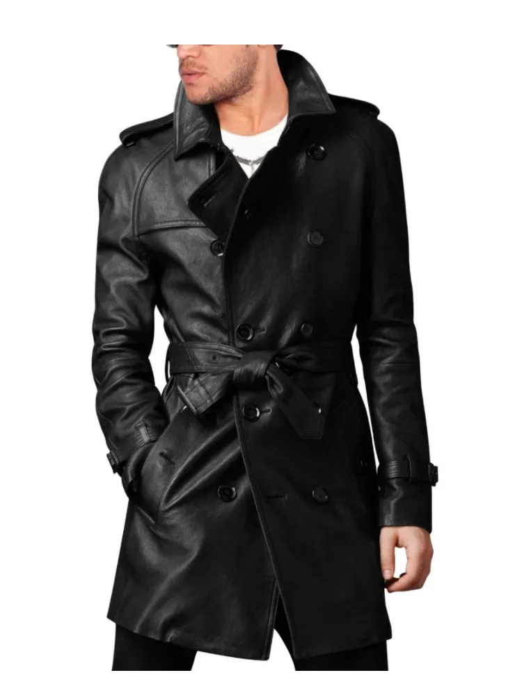 Handmade men's leather trench coat, belted long leather coat, Mens jacket