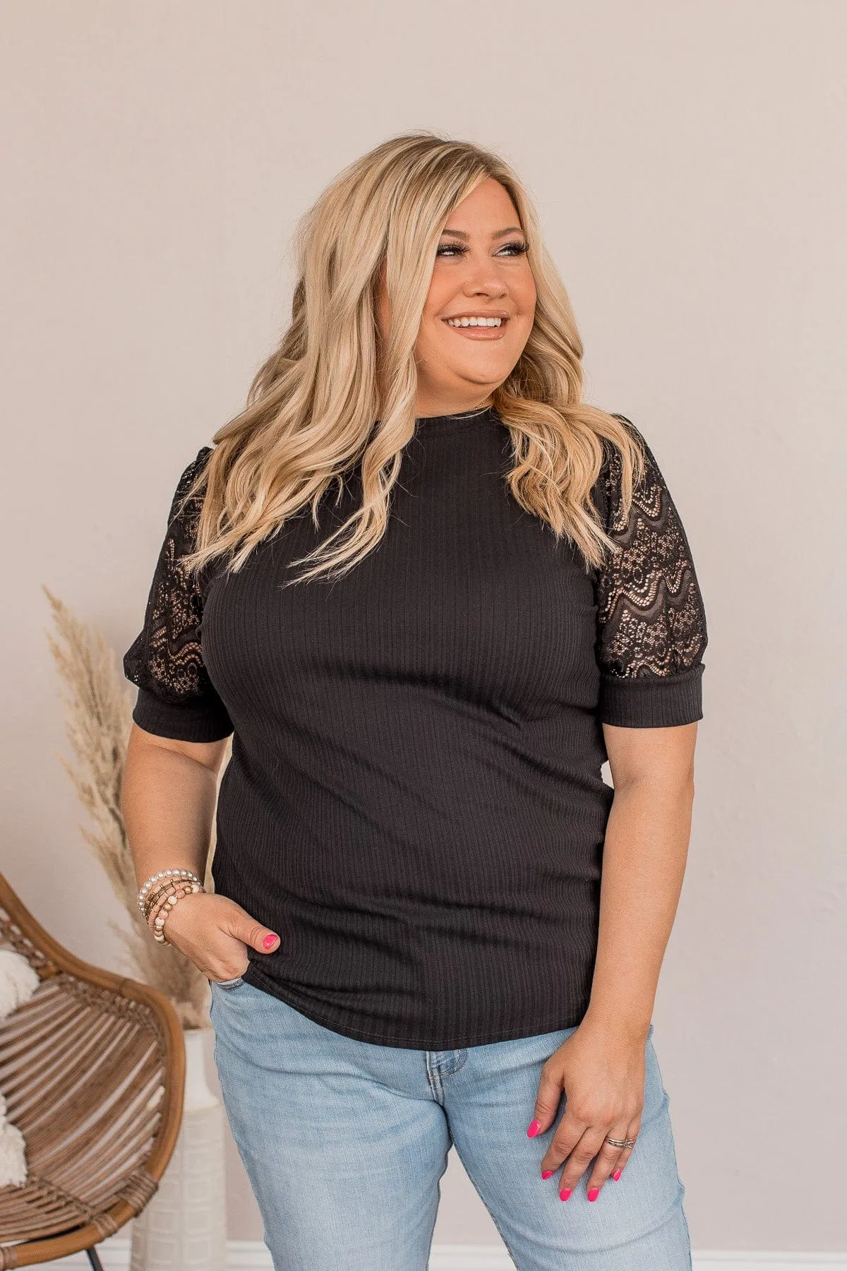 Hold Us Together Crochet Sleeve Top- Black