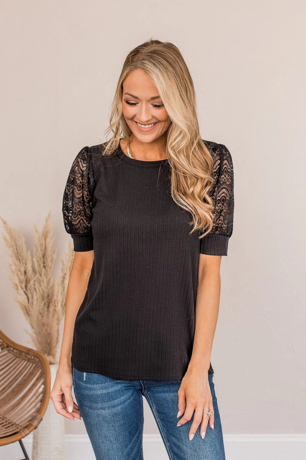 Hold Us Together Crochet Sleeve Top- Black