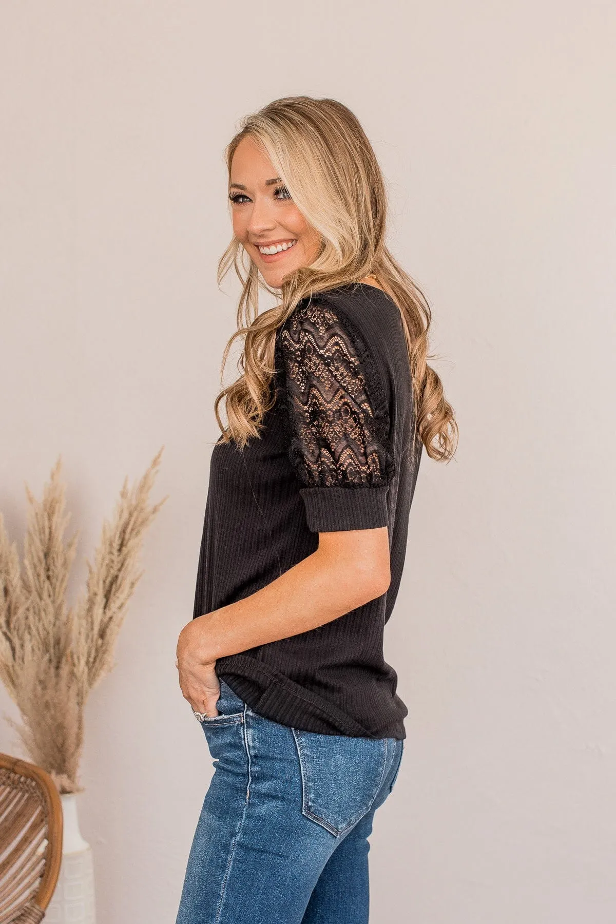 Hold Us Together Crochet Sleeve Top- Black